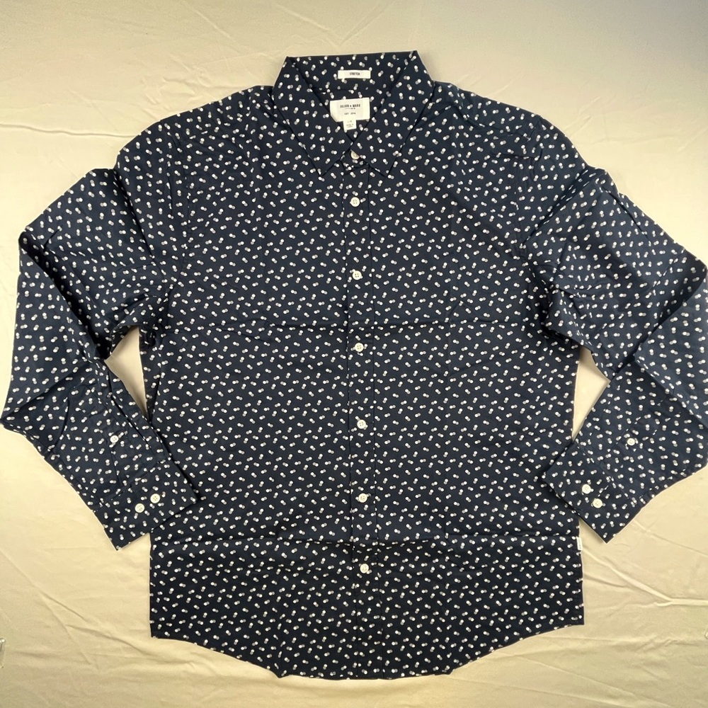 Julian and Mark Navy Blue Geo Print Long Sleeve Button Up Mens Size L Collared